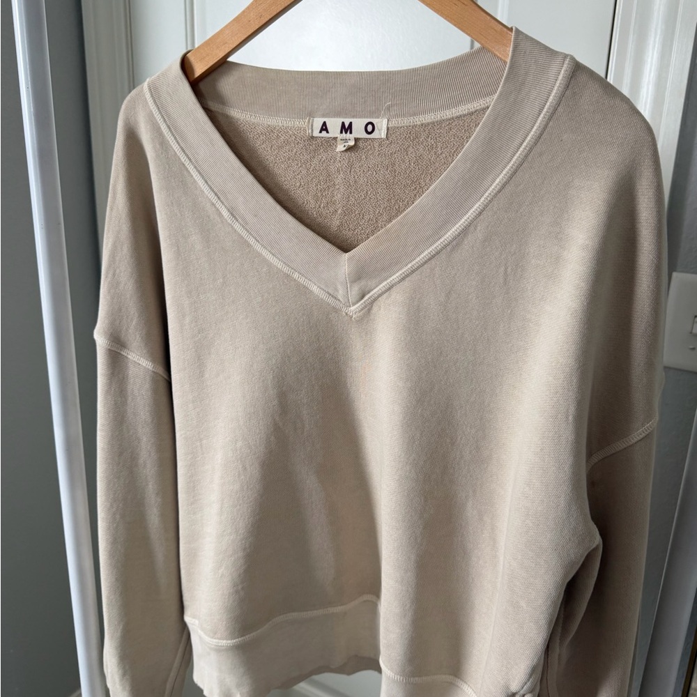 AMO Women's V-Neck Tan drop shoulder sweatshirt